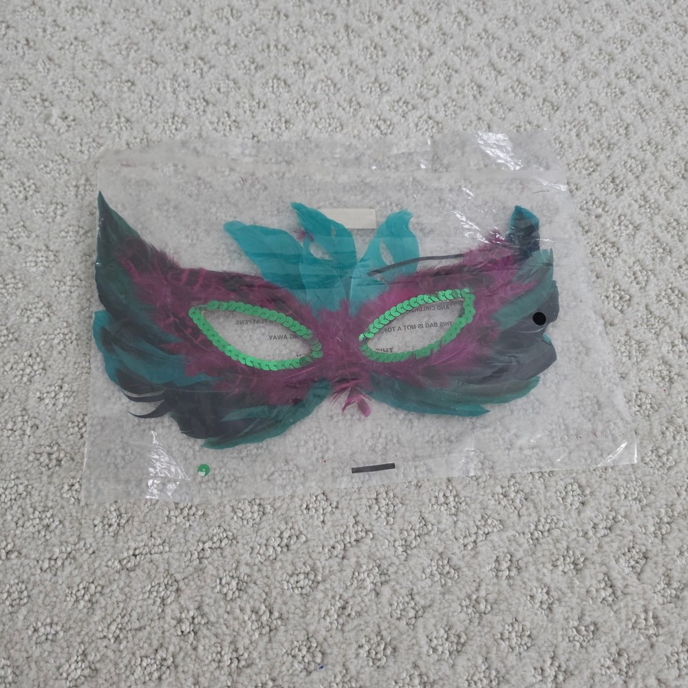 Feathered Masquerade Mask Teal Purple Green Sequins Mardi Gras Costume NEW